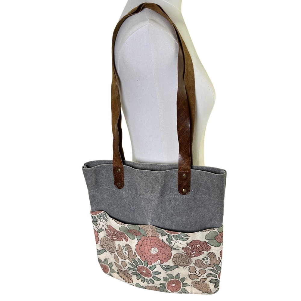 JOYN Canvas‎ Leather Strap Tote Bag Gray Floral Print Fair Trade Reversible 14"